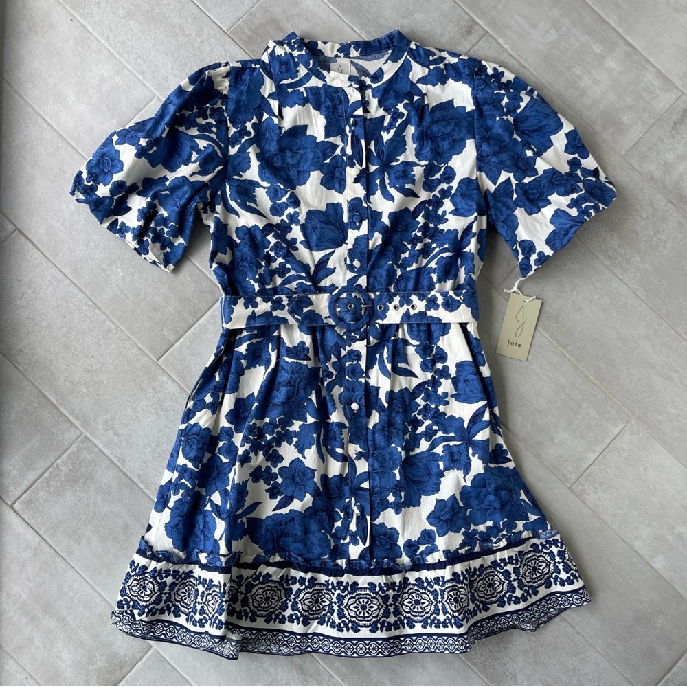 NWT Joie Blue and White Floral Puff Sleeve Dress